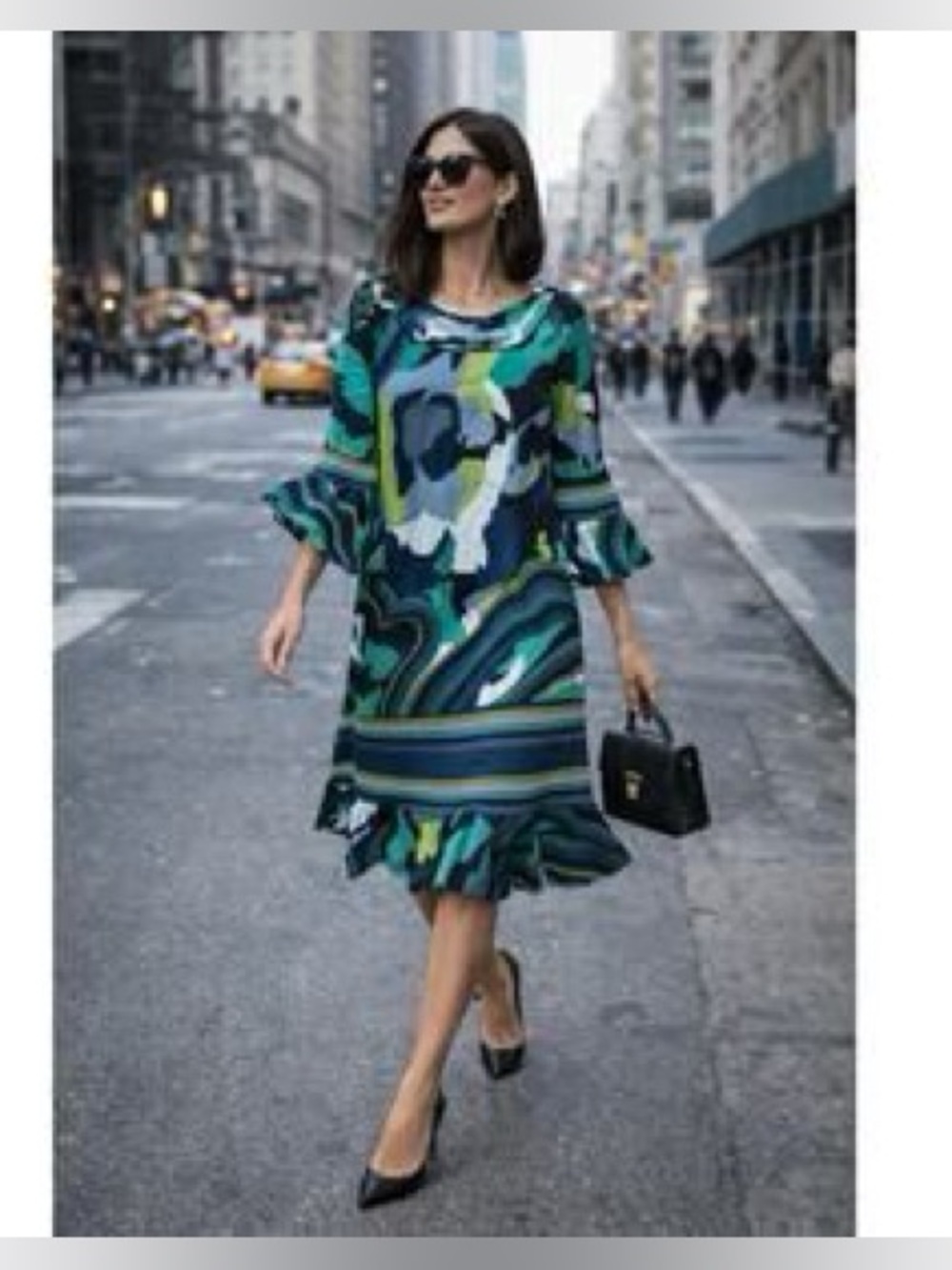 BCBGMaxAzria Green and Blue Abstract Ruffle-Hem Midi Dress